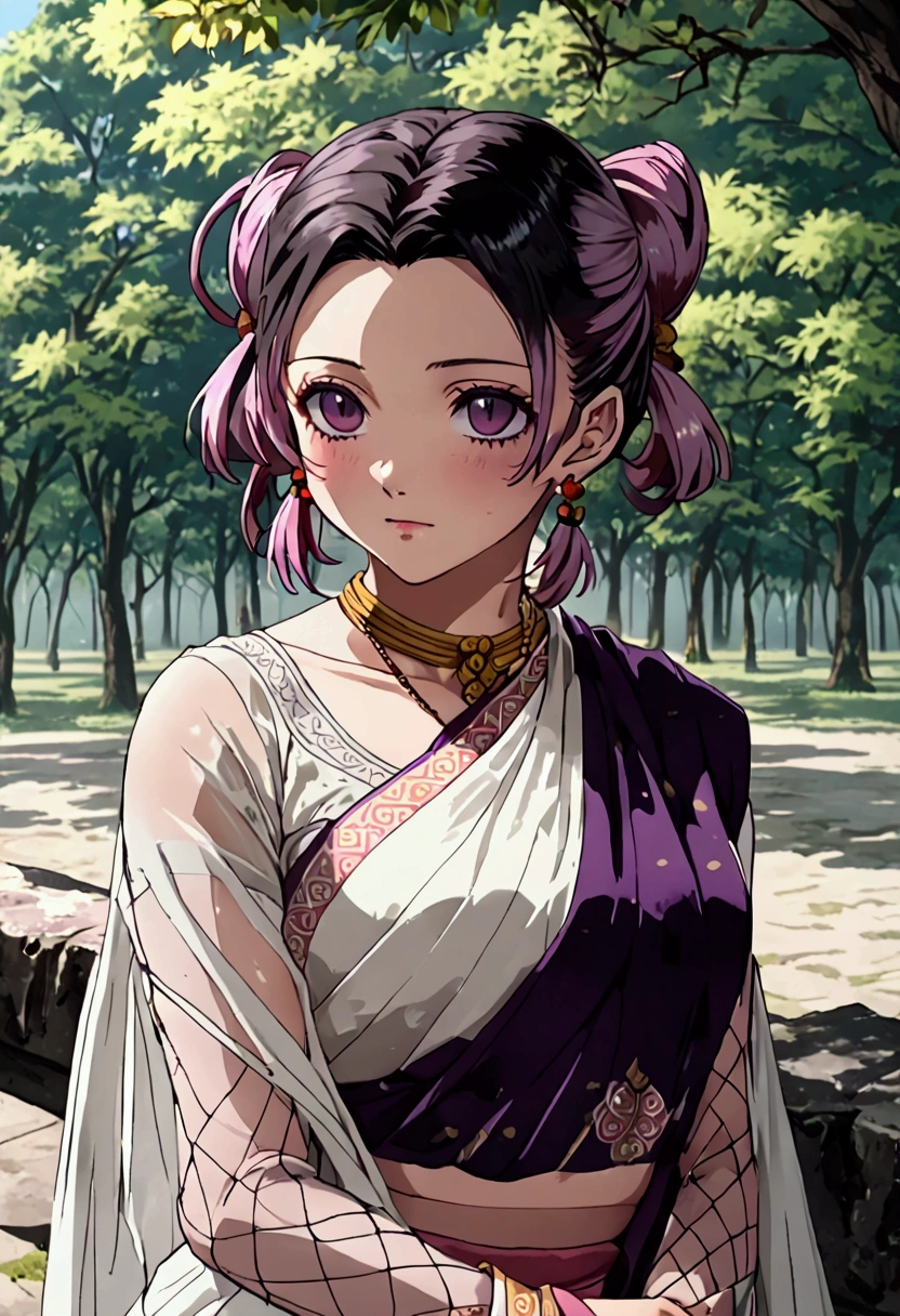 ((((shinobu kochou from demon slayer)))),((((wearing a white see through saree with fading pink at the end and her black lines cracking ground pattern on her saree)))),her hairstyle is very short raven-black wavy hair that fades into dark purple at the ends, deep purple eyes with no visible pupils , sitting on a bench in park, human body structure, no ornaments, photo session, innocent looking ,proper body proportion ,  Her hair is medium length, dark and tied up into a butterfly-shaped bun at the back of her head, with purple-tinted ends. She has long, straight bangs that frame her face and two strands of hair falling gracefully down each side of her face. The hairstyle should have a delicate, elegant appearance, with vibrant and clean anime-style shading. The butterfly accessory in the bun is detailed with light purple and white colors, matching the hair’s purple tips,hairs are purple fading at the ends of bangs , ((((((wearing an Indian saree))))))