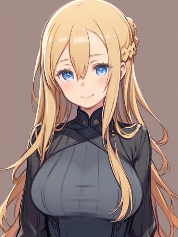 One Girl、Blonde Hair、Hair between the eyes、long hair、Blue Eyes、Big Breasts、Turtleneck sweater、Smiling、Upper Body、From the thigh up、Simple brown background、