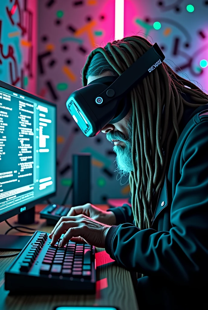 Old-school hacker with long dreadlocks and a VR headset, hunched over a vintage-looking keyboard connected to a modern holographic interface, in a room filled with neon lights and digital graffiti.