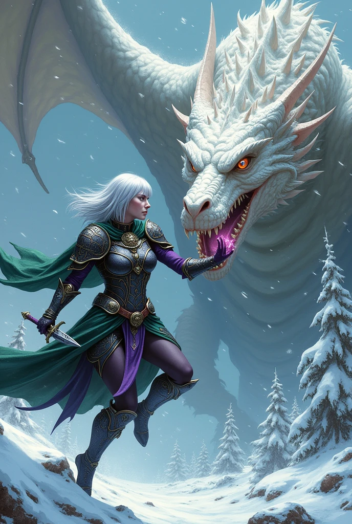 (Ultra-detailed face, looking away, Fantasy Illustration with Gothic, Ukiyo-e, Comic Art, Rich colors),
BREAK
(A female dark elf ranger is facing a white dragon in the midst of a blizzard. She runs, jumping and cutting at the White Dragon in a daring pose with a shortsword, both hands enchanted with green-glowing acid-enhancing magic.),
BREAK
(This is the extreme cold of the north. The trees in the forest have turned to ice, the starlust is falling, and the air is so cold that it glistens. Snow continues to fall and fresh snow piles high in the air.),
BREAK
(DarkElves: A middle-aged dark elf woman with silver color hair, blunt bangs, bob cut and dark purple color skin, lavender color eyes.),
BREAK
(DarkElves: A female dark elf ranger wears a full plate of mithril with runic reliefs and a short green cape.)