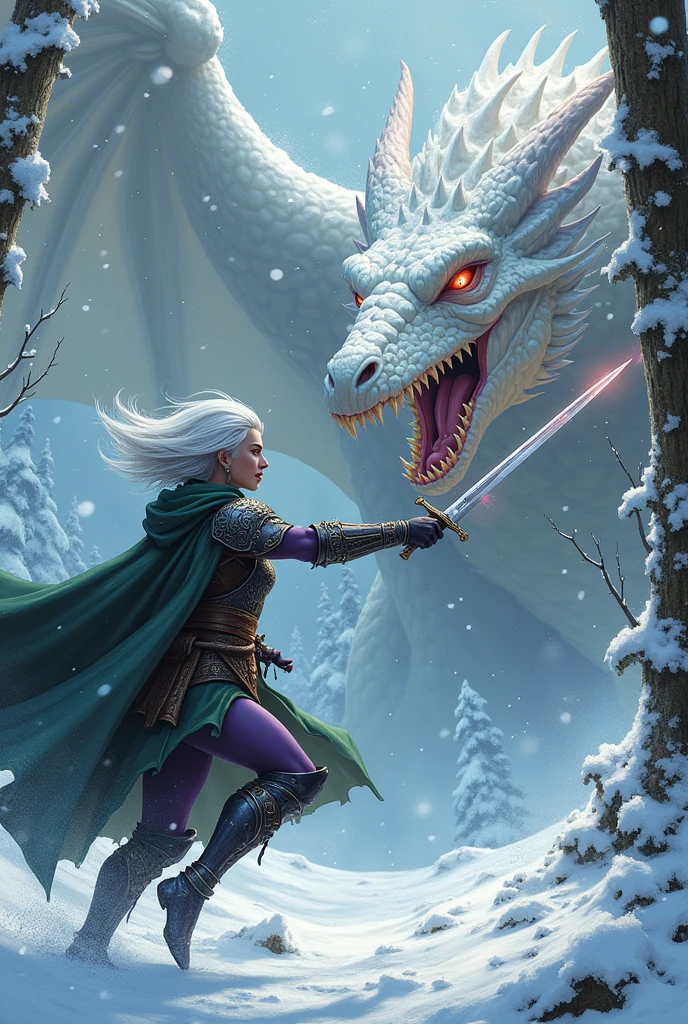 (Ultra-detailed face, looking away, Fantasy Illustration with Gothic, Ukiyo-e, Comic Art, Rich colors), 
BREAK 
(A female dark elf ranger is facing a white dragon in the midst of a blizzard. She runs, jumping and cutting at the White Dragon in a daring pose with a shortsword, both hands enchanted with green-glowing acid-enhancing magic.), 
BREAK 
(This is the extreme cold of the north. The trees in the forest have turned to ice, the starlust is falling, and the air is so cold that it glistens. Snow continues to fall and fresh snow piles high in the air.), 
BREAK 
(DarkElves: A middle-aged dark elf woman with silver color hair, blunt bangs, bob cut and dark purple color skin, lavender color eyes.), 
BREAK 
(DarkElves: A female dark elf ranger wears a full plate of mithril with runic reliefs and a short green cape.)