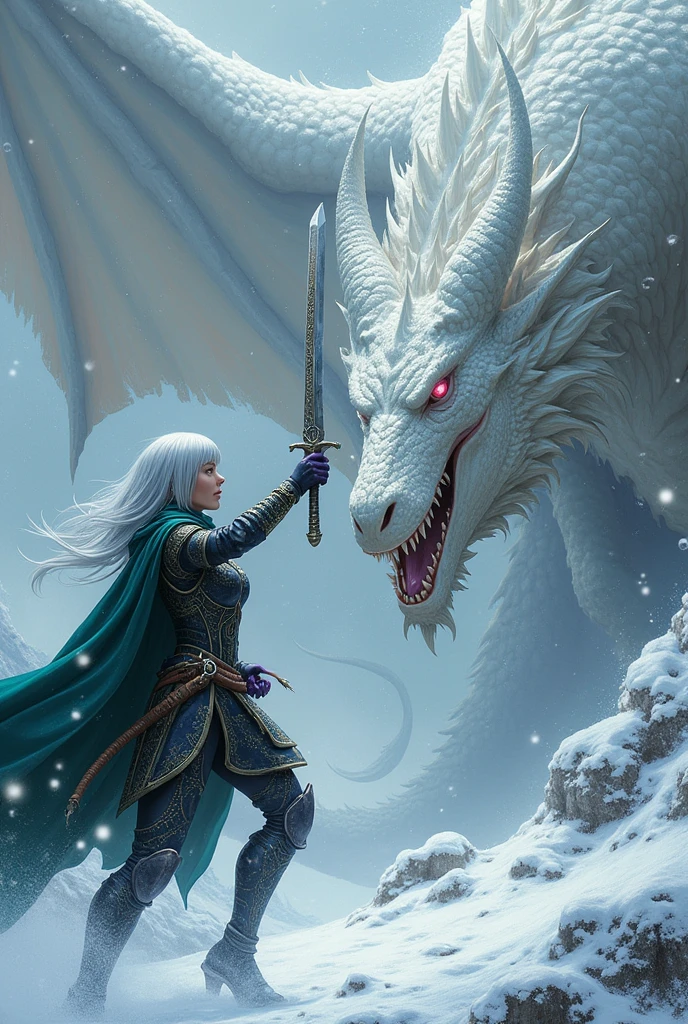 (Ultra-detailed face, looking away, Fantasy Illustration with Gothic, Ukiyo-e, Comic Art, Rich colors), 
BREAK 
(A female dark elf ranger is facing a white dragon in the midst of a blizzard. She runs, jumping and cutting at the White Dragon in a daring pose with a shortsword, both hands enchanted with green-glowing acid-enhancing magic.), 
BREAK 
(This is the extreme cold of the north. The trees in the forest have turned to ice, the starlust is falling, and the air is so cold that it glistens. Snow continues to fall and fresh snow piles high in the air.), 
BREAK 
(DarkElves: A middle-aged dark elf woman with silver color hair, blunt bangs, bob cut and dark purple color skin, lavender color eyes.), 
BREAK 
(DarkElves: A female dark elf ranger wears a full plate of mithril with runic reliefs and a short green cape.)