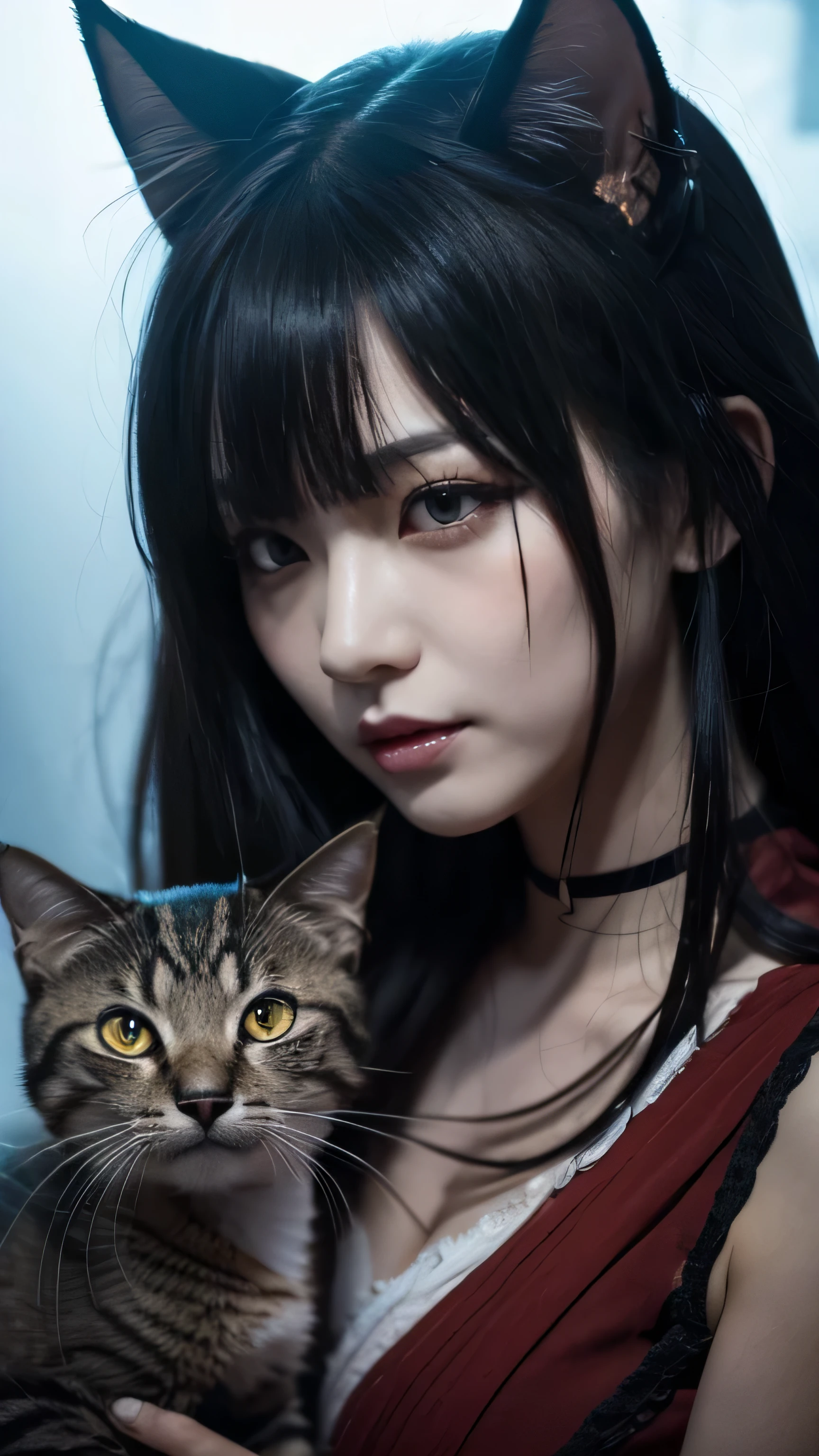 **Prompt:** Create an ultra-realistic 8K image of a Bakeneko, the legendary shape-shifting cat spirit from Japanese folklore, depicted in its most terrifying form while retaining the creature's iconic features. The Bakeneko is shown as a hauntingly eerie figure with pale, almost translucent skin that glows faintly in the darkness. Her long, disheveled black hair hangs down in tangled strands, partially obscuring her face, but not enough to hide her menacing, blood-red eyes with slitted pupils that burn with a malevolent glow.
Her expression is a twisted mix of malice and hunger, with a mouth that stretches unnaturally wide, revealing sharp, jagged fangs that gleam with an otherworldly sheen. Her hands, though human-like, end in elongated, claw-like fingers that seem ready to tear into flesh at any moment. Subtle cat ears protrude from her hair, adding to her unnerving appearance, and a long, serpentine tail snakes behind her, twitching with a life of its own.
She is clad in a tattered, dark kimono that clings to her emaciated frame, the fabric stained with dark, dried blood. The kimono flows around her like a shadow, adding to the eerie, ghostly aura that surrounds her. The background is a desolate, fog-filled graveyard, with twisted trees and broken gravestones barely visible through the thick mist. The air is thick with a sense of dread, as the Bakeneko stalks her prey, her presence heralded by an unnatural, bone-chilling cold.
This image captures the Bakeneko as the embodiment of fear and horror, blending her feline traits with the terrifying elements of Japanese ghost stories to create a figure that is both captivating and horrifying, leaving a lasting impression of unease and terror.