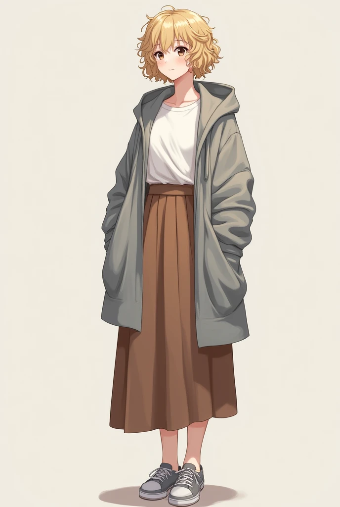 Young woman, in a brown long skirt, in a white shirt, in a grey long robe with a hood on his head, curly short blonde hair, brown eyes, in sneakers, anime art, masterpiece, realistic professional quality, super detail