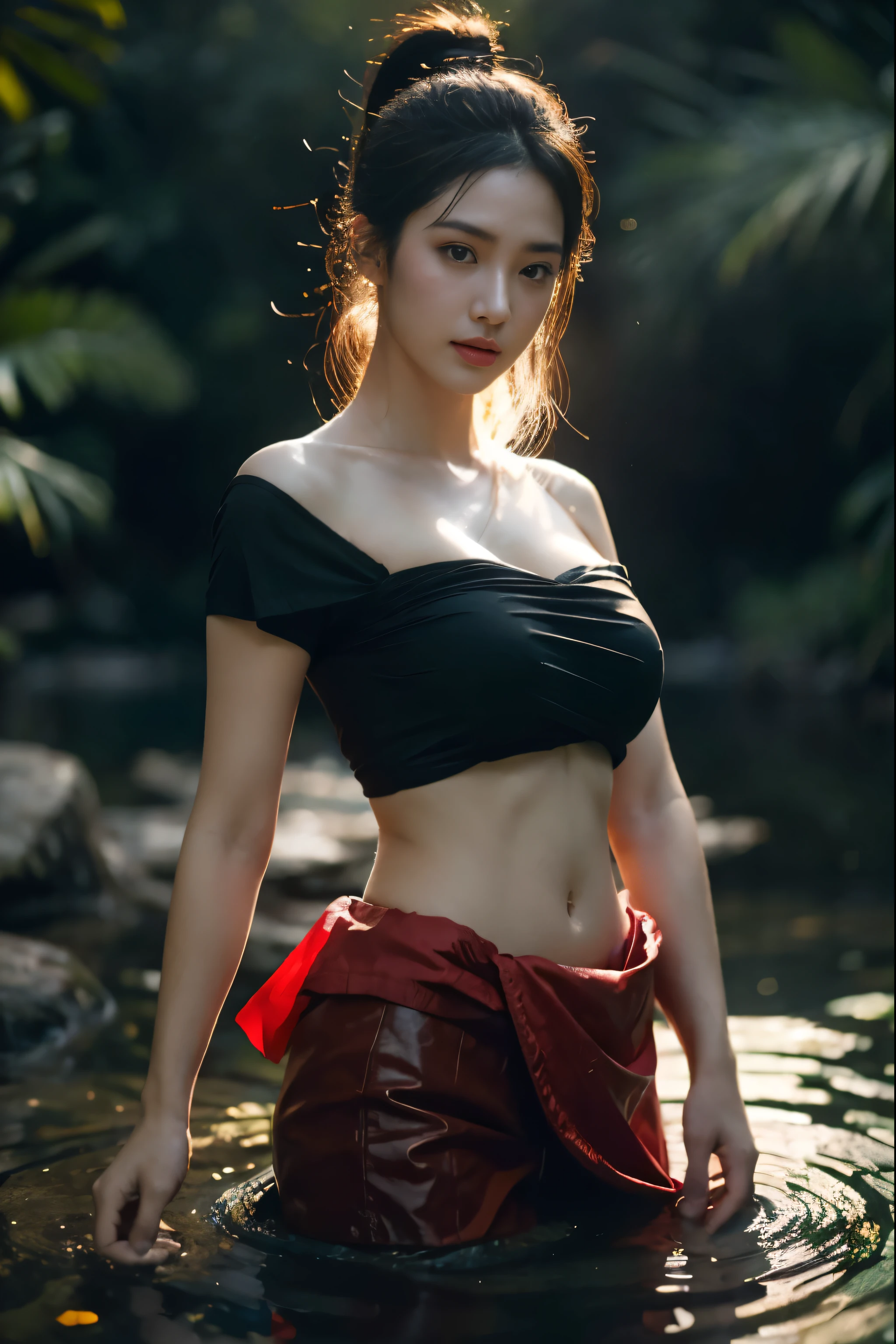 Close-up shot of beautiful korean female, 40 inch chest size,messy hair with two ponytail, wearing gray thin-strapped tanktop with deep side cuts, and gray gstring, sweat glistening on her body, big thigh, star shape necklace, kneel while leaning forward in front of the camping fire, with the legs spreads aparts, night, UHD, realistic, masterpiece, camera leica, ray tracing. barefoot. side view