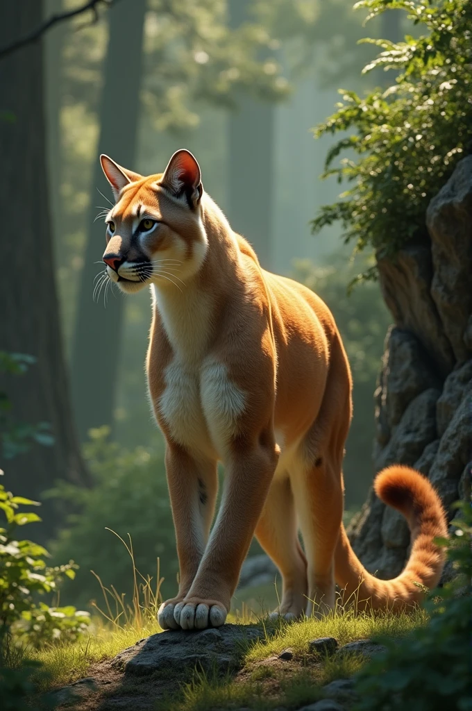 A mountain lion in the forest with it is stretching near a bush