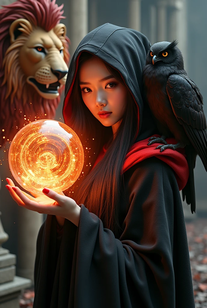 photo realistic, asian woman, white skin, Facing straight, Half-body image size, Black fluffy hair, Long slender fingers, Black witch cloak, Red Hood, Inside is a red dress., There is a fireball in the hand., In the fireball there is an English font that says: "ROWING" Float, There were several red sparks and red smoke coming out of his hand., A black owl stands on the right shoulder.., A large golden lion with a red mane appears from the rear left.., The background is an old black European-style castle..