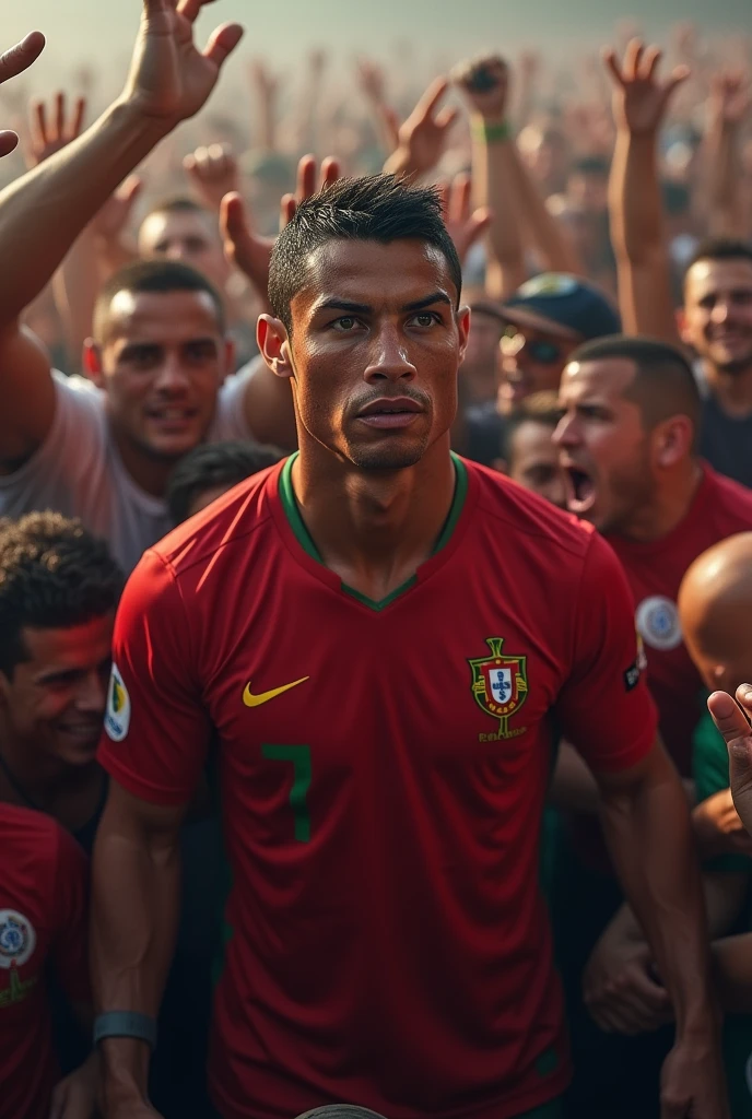 Ronaldo is Portuguese dress is standing in middle of crowd who's trying to reach ronaldo, while ronaldo is crying with tears running through his eyes 