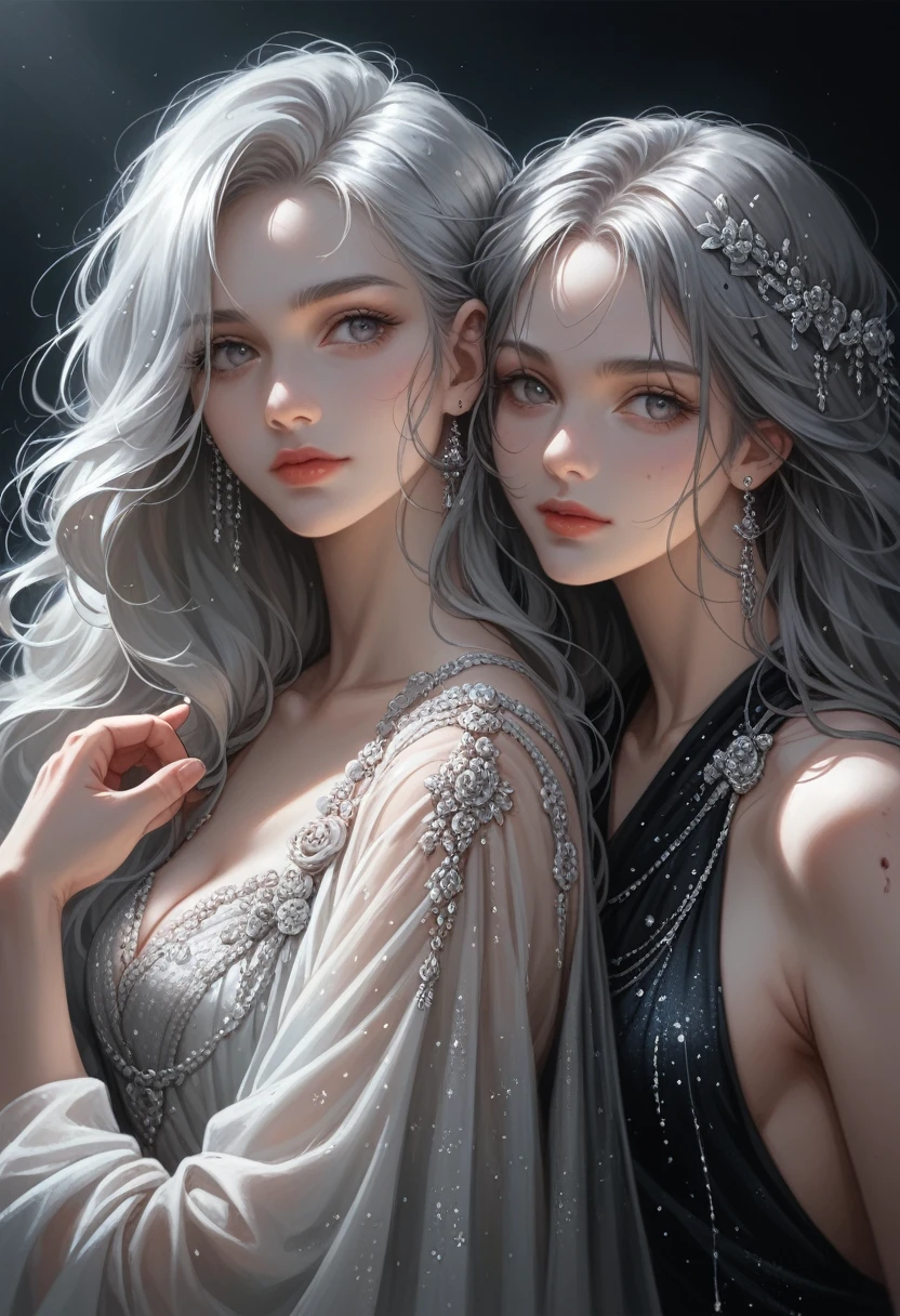 masterpiece, Superb fashion, (fashion Costume), (illustration), (2 people), Beautiful Young Couple, (Russian Mill Style), fashion, silver hair, (long hair), (dirty hair), (White skin), (dark circles), Beautiful, Dance steps, trend, dark grey,, Close-up, (grandiose background), (chiaroscuro)), Мелкие Detailed faces, Detailed faces, cinematic lighting, (depth of field), uhd, (upper body), Black background
