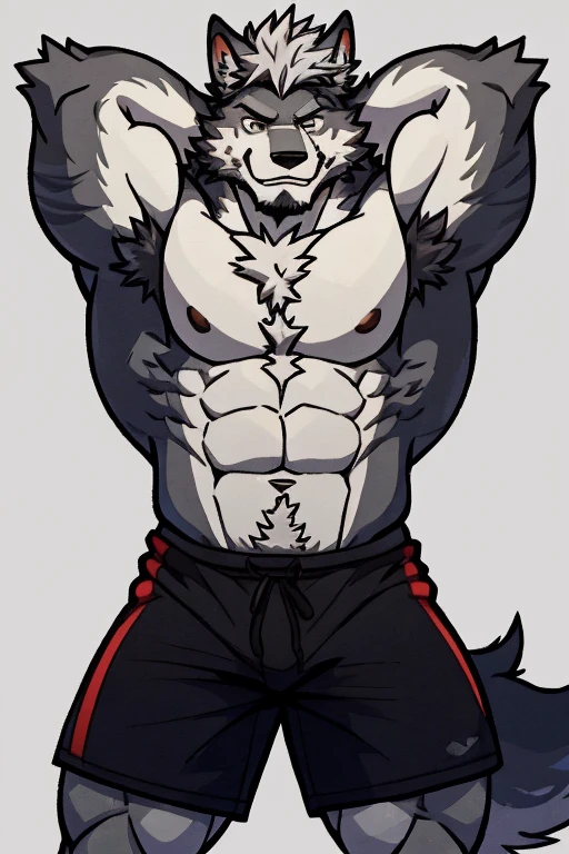 A Very Muscular Furry Gray Wolf. He is Topless with a gray shorts. His both hand is Together behind his head. The background is Gray. He have a little messy hair. He have gray eye. He is looking at the viewer. He is smiling