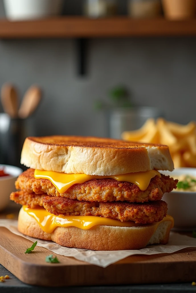 A juicy chicken cheese sandwich with dips in kitchen shelf