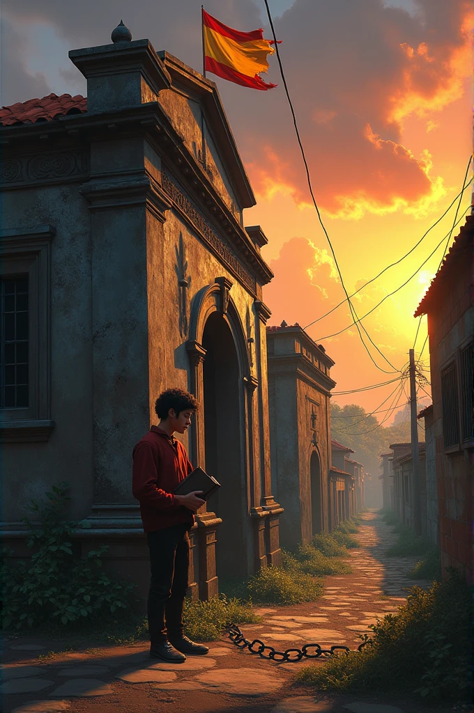 Title: "A Nation Chained"
Image:
 * Central Figure: A young Rizal, representing the Filipino people, chained to a large, decaying Spanish colonial structure.
 * Background: A vibrant, bustling Filipino village, juxtaposed with the dark, oppressive colonial building.
 * Symbols:
   * A broken chain lying nearby, symbolizing the hope for freedom.
   * A book, representing education and knowledge, held by Rizal.
   * A Spanish flag, tattered and faded, above the colonial building.
   * A sunset, signifying the end of an era and the dawn of a new one.