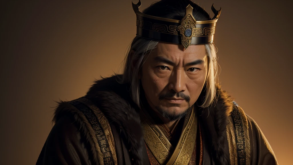 A portrait of Emperor Wu of Han Dynasty, the seventh emperor of the Han Dynasty, who ruled from 141 to 87 BC. serious expression on his face. The lighting is soft and warm, casting a gentle glow on his face and highlighting the intricate details of his robe. The background is a muted, earthy tone, adding to the overall sense of gravitas and timelessness of the portrait.