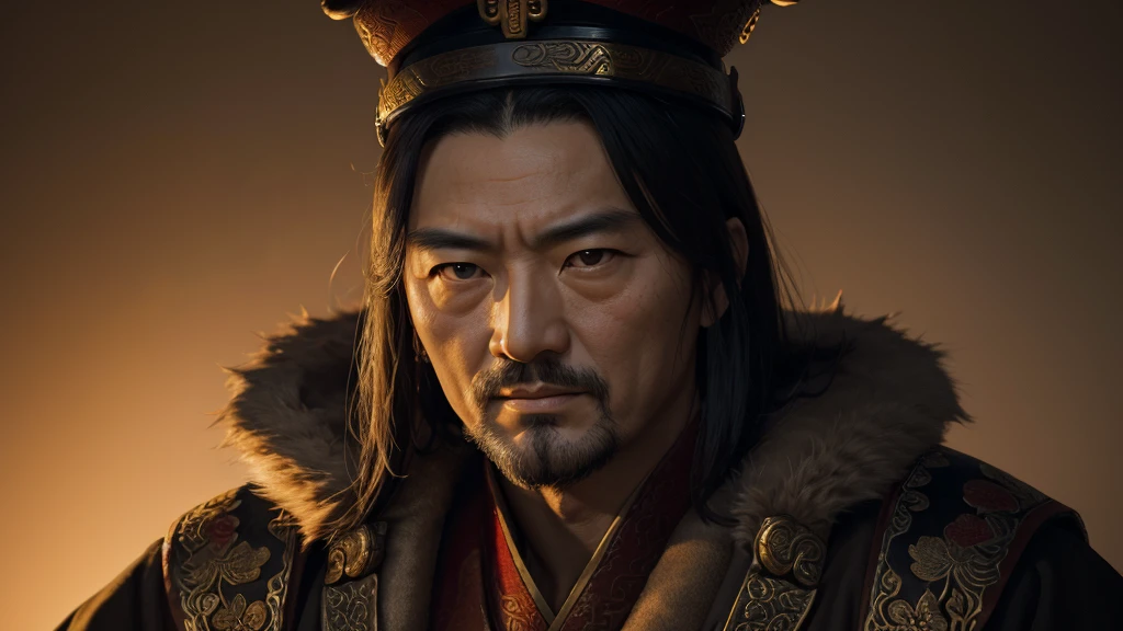 A portrait of Emperor Wu of Han Dynasty, the seventh emperor of the Han Dynasty, who ruled from 141 to 87 BC. serious expression on his face. The lighting is soft and warm, casting a gentle glow on his face and highlighting the intricate details of his robe. The background is a muted, earthy tone, adding to the overall sense of gravitas and timelessness of the portrait.
