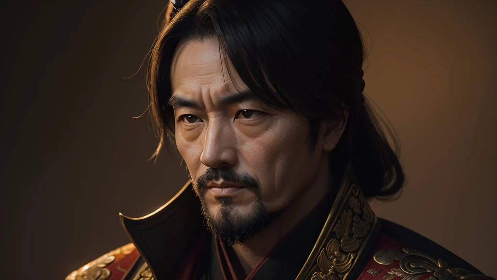 A portrait of Emperor Wu of Han Dynasty, the seventh emperor of the Han Dynasty, who ruled from 141 to 87 BC. serious expression on his face. The lighting is soft and warm, casting a gentle glow on his face and highlighting the intricate details of his robe. The background is a muted, earthy tone, adding to the overall sense of gravitas and timelessness of the portrait.
