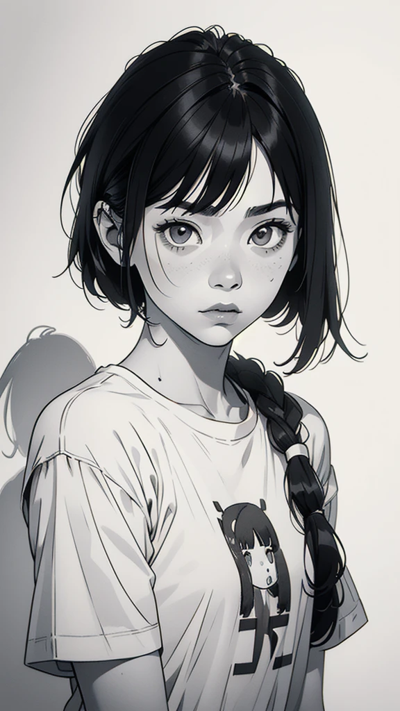 1 asian boyish girl, solo, sharp eyes, monochrome, greyscale, shoulder length black hair, portrait, blank white T-shirt, Thin eyebrows, closed mouth, looking at viewer, graphite \(medium\), detailed lips, hatching \(texture\), without makeup, (bangs), upper body, (best illustration), (best quality), (very detailed), (masterpiece), expressionless,