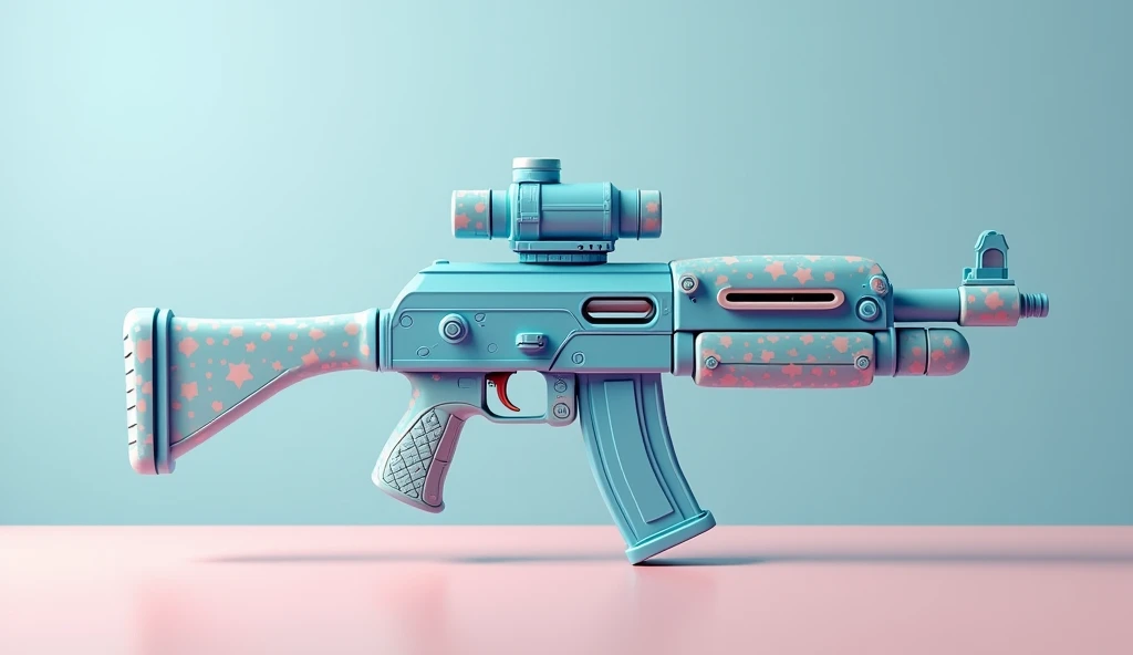 Mini double water gun toy,Integrated rifle mount,Q version,Cute pattern on the surface,Transparent magazine and scope recessed,(Similar structure to AK47),(Double muzzle:1.3),Smooth lines,Plastic material,Three-color Morandi color matching,high quality,Professional Product Photography,Table background,3d, OC Rendering,8K,