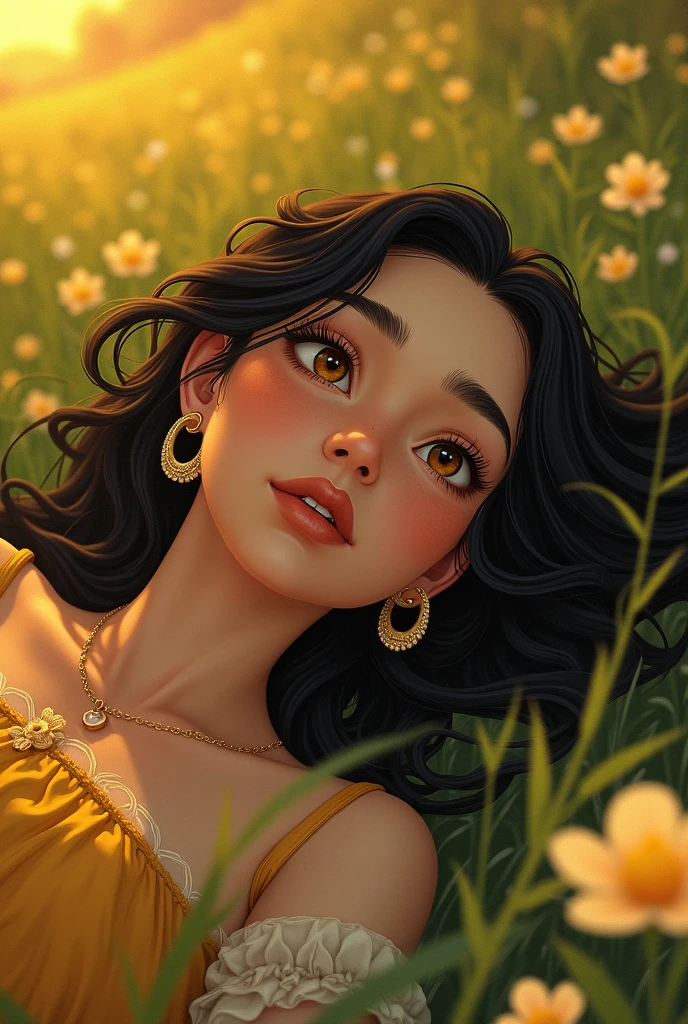 Story Prompt: "The Golden Bloom"

In a kingdom where flowers possessed mystical powers, every hundred years, a rare bloom known as the "Centennial Blossom" would appear, its petals shimmering with shades of gold. Legend has it that whoever witnesses this miracle would gain profound insights into their heart's deepest desires.

As the day of blooming approaches, the kingdom's enchanting landscape is alive with anticipation. Among the villagers is Elara, a humble gardener with a secret longing to escape her mundane life and explore the world beyond the mountains. Little does she know, the upcoming bloom is destined to change her life forever.

One fateful evening, under a silver moon, Elara stumbles upon a hidden grove where the Centennial Blossom is about to awaken. As the golden petals unfurl, she is captivated by an ethereal figure, a Guardian of the Blossom, who appears before her with a luminescent face that echoes the features of the moon.

The Guardian reveals that the bloom holds not just wishes, but also the power to transform one's soul. As Elara grapples with the choice between staying in the familiar comfort of her village or pursuing the adventure she craves, dark forces begin to rise, intent on stealing the bloom's magic for their own twisted desires.

Elara must decide: will she embrace her destiny, unlock the true power of the Centennial Blossom, and protect the magic that binds her world, or will she succumb to fear and let darkness overshadow the light? The fate of the kingdom hinges on her decision, as the golden bloom’s magic weaves a story of courage, love, and the delicate 
balance between dreams and reality.
In a vibrant world filled with lush green landscapes and hues of a setting sun, a young woman lies on her side in a meadow, her long black hair cascades around her like a dark waterfall. With her large brown eyes gazing directly at the viewer, there's a familiar warmth to her expression. Adorned in beautiful hoop earrings and delicate jewelr