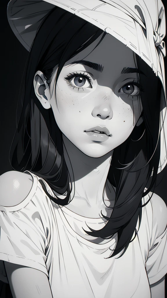 1 asian boyish girl, solo, sharp eyes, monochrome, greyscale, shoulder length black hair, portrait, blank white T-shirt, Thin eyebrows, closed mouth, looking at viewer, graphite \(medium\), detailed lips, hatching \(texture\), without makeup, (bangs), upper body, (best illustration), (best quality), (very detailed), (masterpiece), expressionless,