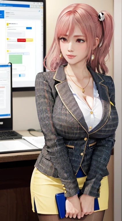 Honoka,    Secretary，Pink Hair，cleveage，big breasts, yellow blazer, Pantyhose，Lovely，necklace，earrings，Red lips，Shy, secretary, Holding a folder，office, white pencil skirt