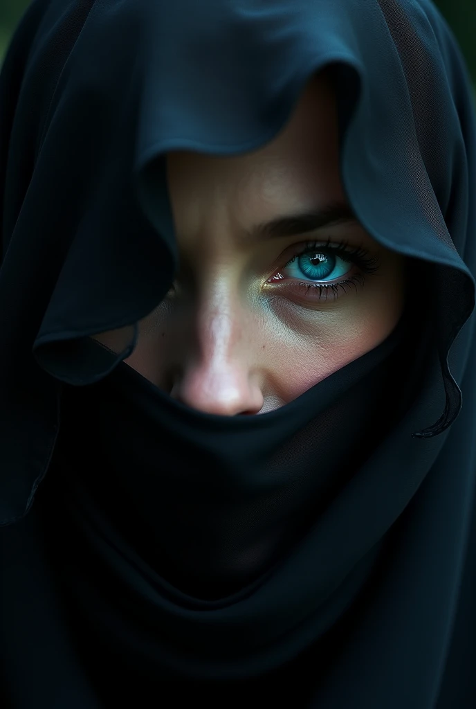 One Blue eye, fair skin, peaking out between two black veils, extreme close up of one eye