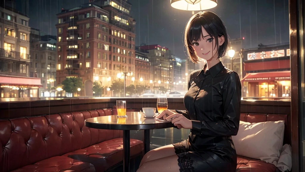 (8k, Highest quality, masterpiece: 1.2), (Realistic, Realistic: 1.37), Very detailed, 1 girl, cute, alone, Beautifully detailed skies, Detailed Cafe, night, Sitting, date, ( Red nose), (smile: 1.15), (Close your mouth) Small breasts, Beautiful details, (Collared shirt: 1.1), night, Wet, Business Wear, rain, White lace, (short hair: 1.2), Floating Hair NovaFrogStyle,