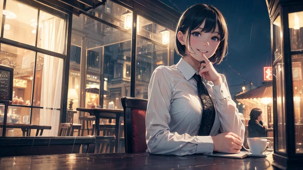 (8k, Highest quality, masterpiece: 1.2), (Realistic, Realistic: 1.37), Very detailed, 1 girl, cute, alone, Beautifully detailed skies, Detailed Cafe, night, Sitting, date, ( Red nose), (smile: 1.15), (Close your mouth) Small breasts, Beautiful details, (Collared shirt: 1.1), night, Wet, Business Wear, rain, White lace, (short hair: 1.2), Floating Hair NovaFrogStyle,