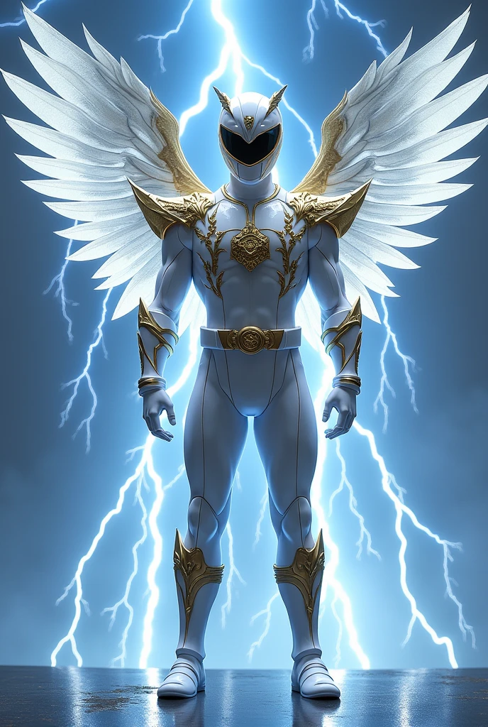 create a unique an epic and elegant white power ranger with gold accents in his armor and wings in his shoulders. And blue lightning bolts in the background.