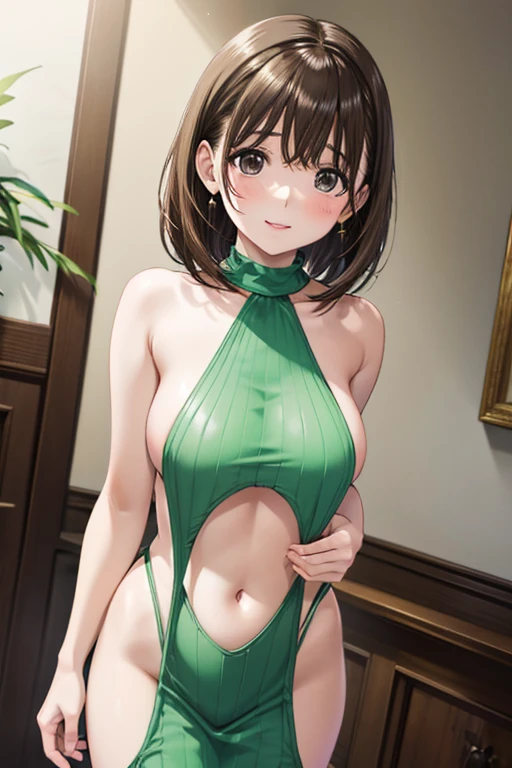 Nene Kasaki々、Shiny brown hair, short hair, (Beautiful brown eyes、Sparkling eyes, fine grain)、smile、Very fine eye、Highly detailed face, Highly detailed eyes,Cowboy Shot、
nsfw,（Sideboob:1.5）


(One Girl,gravure_stop temporarily), ((Green halter neck ribbed knit mini dress)),,Halterneck sweater,Are standing、


Cute anime visuals, Beautiful Anime Girls, Smooth anime CG art, 
 Official artwork, Fascinating anime , 