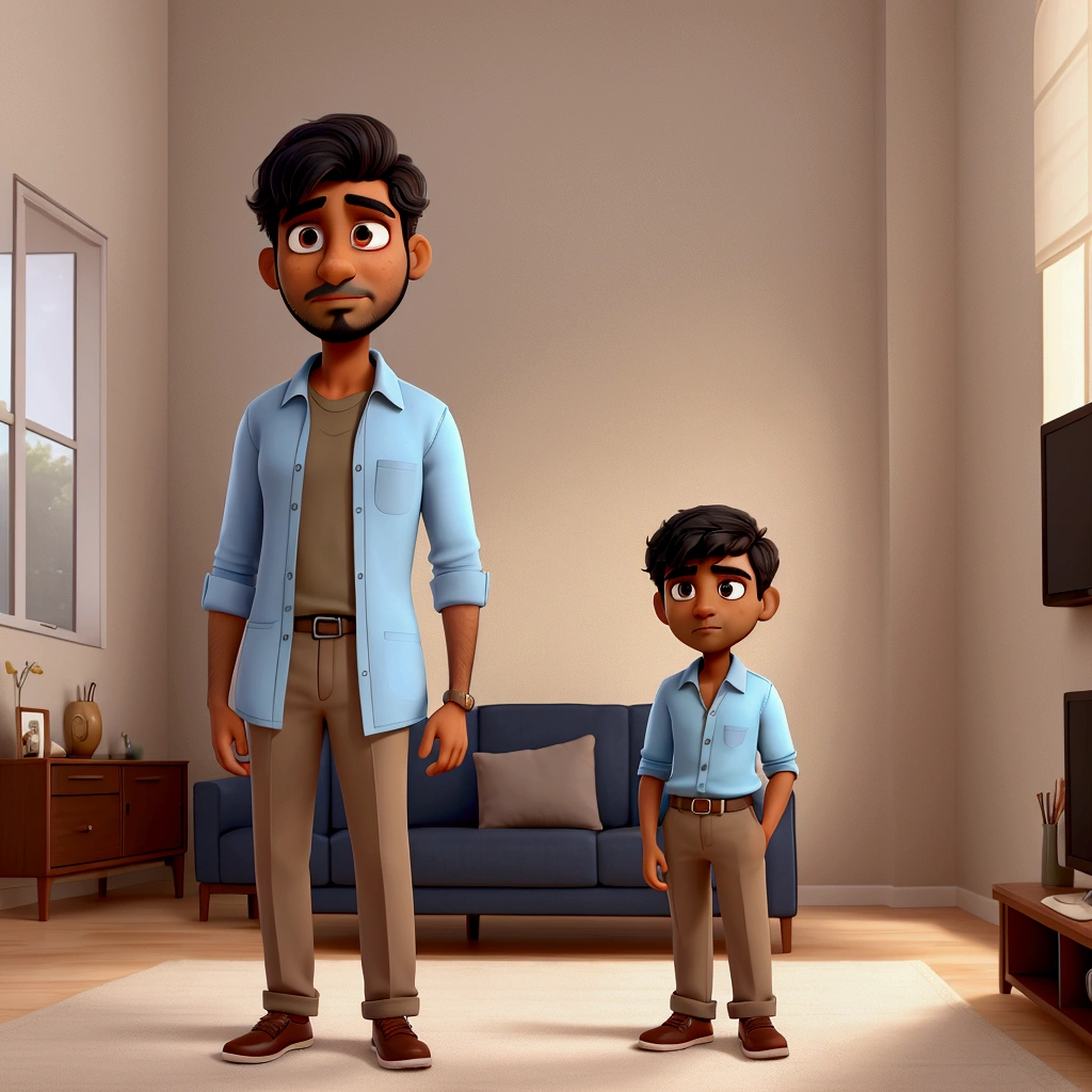 Ravi, a 2 Indian man with medium brown skin, short black hair neatly combed to the side, and a well-groomed beard, stands in his living room holding a phone to his ear. He is wearing a light blue dress shirt with the sleeves rolled up and dark grey trousers. His face shows exhaustion mixed with hope.
Background: The living room is modestly furnished with a beige sofa, a coffee table, and a small TV stand. The walls are painted in a soft cream color, and there’s a window letting in warm afternoon light.
