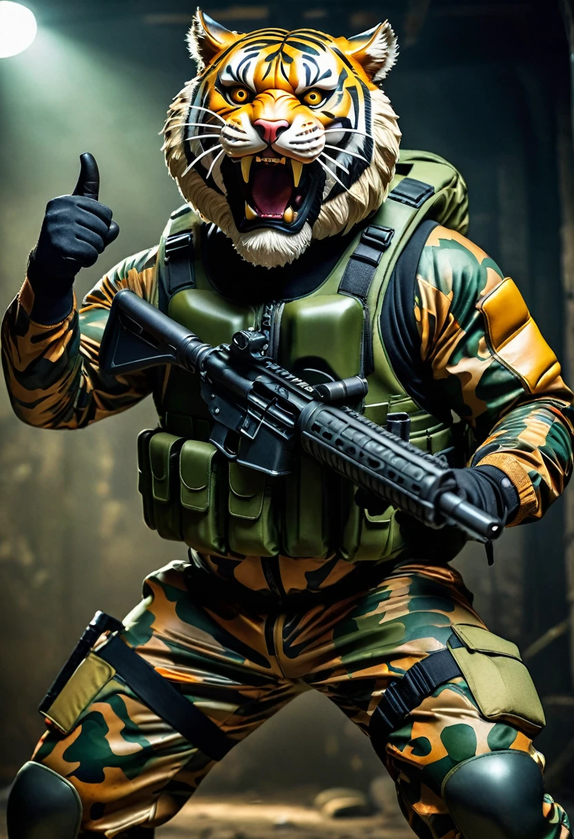 (a dark-skinned bearded fat muscular old man in a bulky army camouflage zipper diver suit) carrying a gun, (wearing a small-sized realistic roaring tiger mask), dynamic action pose, fierce expression, showcasing an imposing stature, surrounded by military elements, dramatic shadows and intense highlights, cinematic color tones, high detail, powerful, art influenced by Bruce Onobrakpeya and Stanley Artgerm, ultra-detailed, best quality image, action-packed atmosphere. thumbs up pose