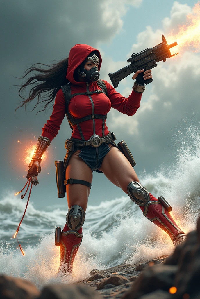 Kid & Wonder woman fath with red hoodie, Rocket boots, headphones, Laser guns, star-lord helmet, gas helmet, Covered mouth, Round, red eyes, big breasts, perfect body, Busty, realistic, power, Kick, Attack, magic rings in the hands, Fighting, power, fiction, full body, 2 persons, magic lasso, hight, fall, fire in boots, powerful spells, realistic, war, ocean, spells, sleep, hug
