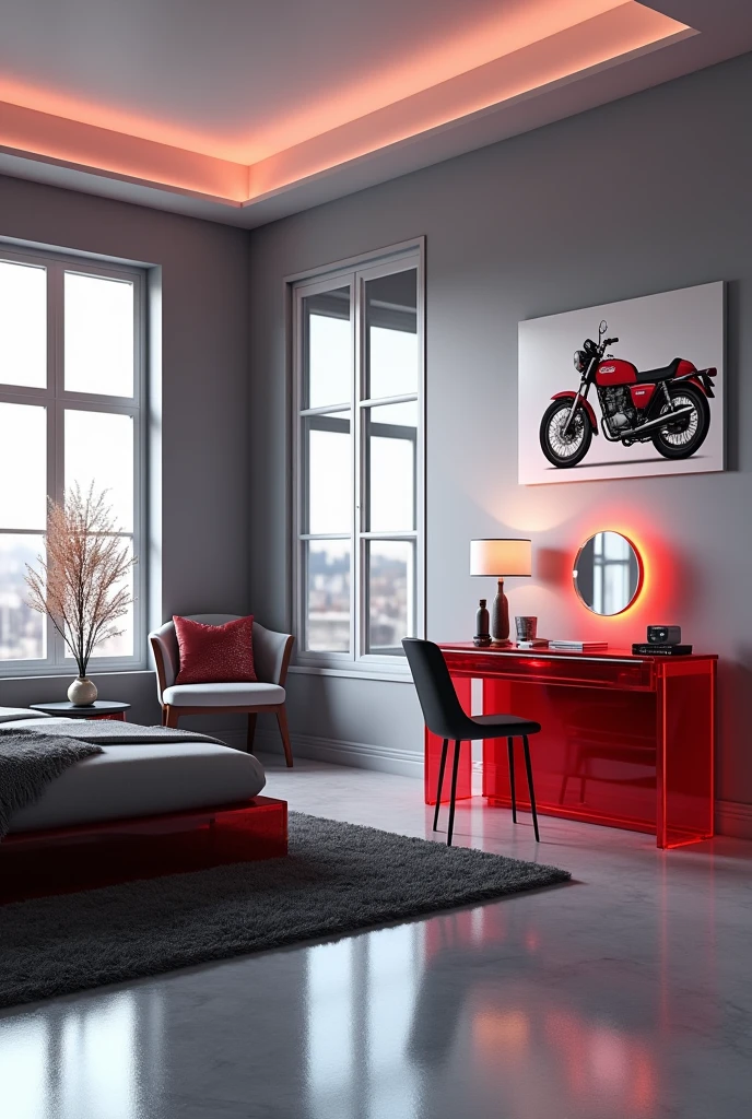 Professional 3d architecture rendering design of modern girl teenage room with modern dark bed and light silver blanket and sheets modern red glassy makeup table and glassy chairand glassy red glassy piano And modern windows and beautiful and modern avatar painting wall with motor cyclet painting and modern windows and showing complete bed room and light gray stone for floor and elegant dark carpet and small ai similar human sitting on the chair and light gray wall