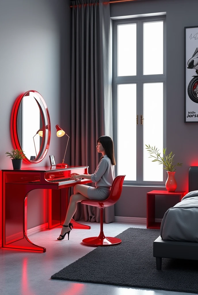 Professional 3d architecture rendering design of modern girl age room with modern dark bed and light silver blanket and sheets modern red glassy makeup table and glassy chairand glassy red glassy piano And modern windows and beautiful and modern avatar painting wall with motor cyclet painting and modern windows and showing complete bed room and light gray stone for floor and elegant dark carpet and small ai similar human sitting on the chair and light gray wall