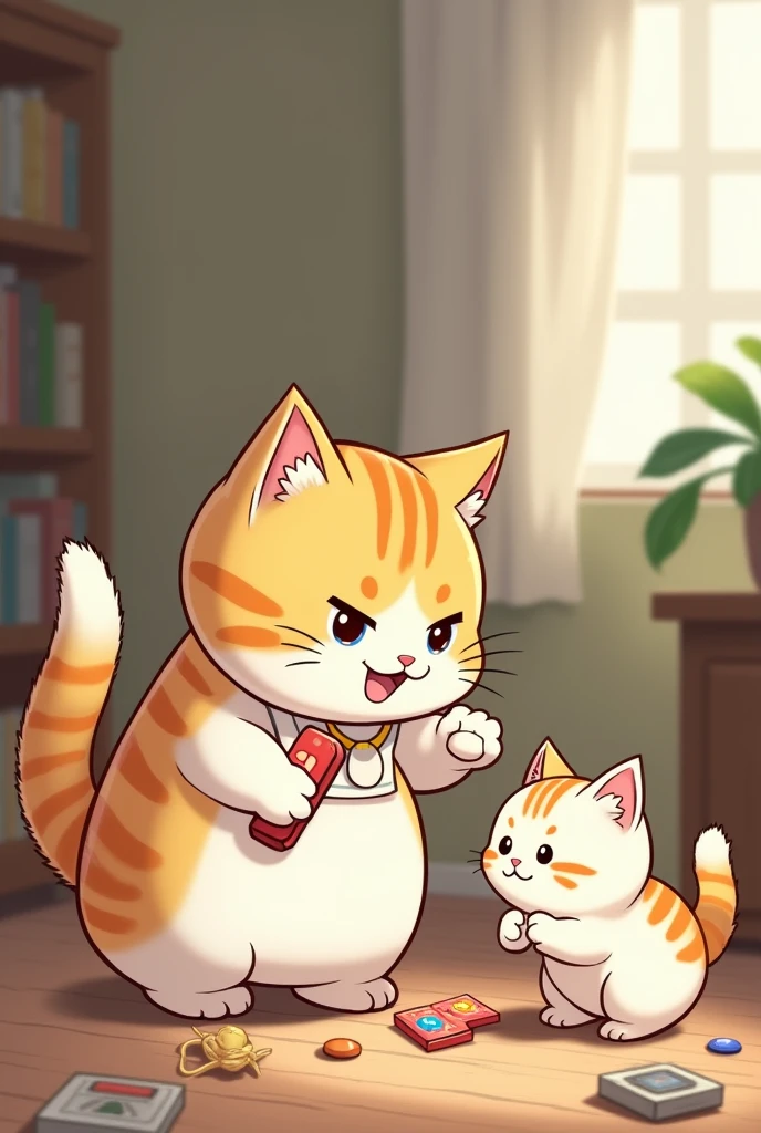 the small white yellow fat cat mother cat in dress is  scolding him in the room.the mother cat  snatching the game from small white yellow fat cat in the room