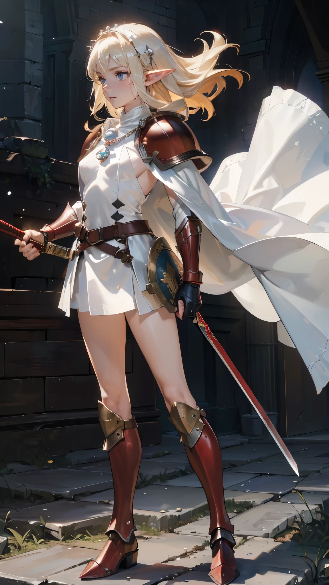 masterpiece, ultra detailed, 8K Portrait, Raw photo, a portrait photo of, Highly detailed face, beautiful and meticulous eyes, ((Fantasy)), Young beautiful, (((expressionless))), (((Mature look))), (((woman soldier))), ((elf)) tall, center parted messy hair, brave face, (((skin as white as pearl))), ((blond)), (((white silk short cloak))) Fluttering in the wind, (((black and red leather armor))), iron boots, ((holding a short sword)), (((equip a small shield))), Midday Sun, Hyper realistic, Body model, Small breasts, Beautiful breasts, Long legs, in a castle, Ambient lighting, Shadow details , Camera focus on face, strong breeze, Light fog