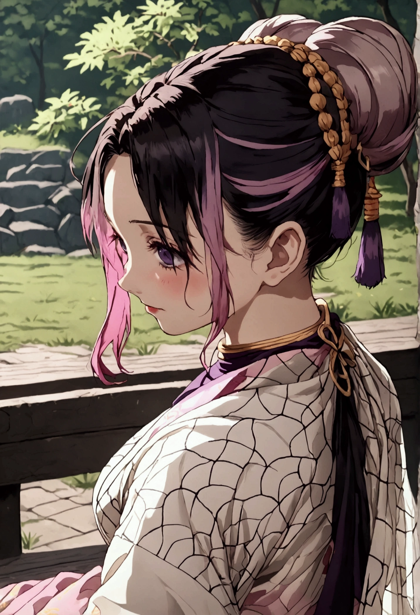 ((((shinobu kochou from demon slayer)))),((((wearing a white see through saree with fading pink at the end and her black lines cracking ground pattern on her saree)))),her hairstyle is very short raven-black wavy hair that fades into dark purple at the ends, deep purple eyes with no visible pupils , sitting on a bench in park, human body structure, no ornaments, photo session, innocent looking ,proper body proportion ,  Her hair is medium length, dark and tied up into a butterfly-shaped bun at the back of her head, with purple-tinted ends. She has long, straight bangs that frame her face and two strands of hair falling gracefully down each side of her face. The hairstyle should have a delicate, elegant appearance, with vibrant and clean anime-style shading. The butterfly accessory in the bun is detailed with light purple and white colors, matching the hair’s purple tips,hairs are purple fading at the ends of bangs , ((((((wearing an Indian saree))))))