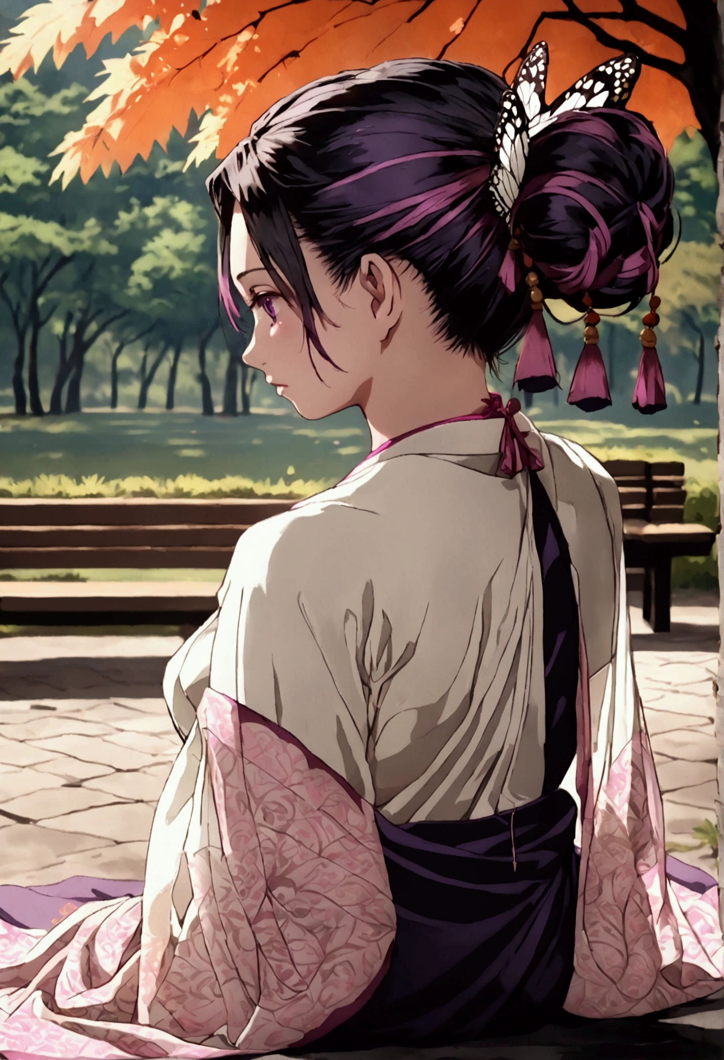 ((((shinobu kochou from demon slayer)))),((((wearing a white see through saree with fading pink at the end and her black lines cracking ground pattern on her saree)))),her hairstyle is very short raven-black wavy hair that fades into dark purple at the ends, deep purple eyes with no visible pupils , sitting on a bench in park, human body structure, no ornaments, photo session, innocent looking ,proper body proportion ,  Her hair is medium length, dark and tied up into a butterfly-shaped bun at the back of her head, with purple-tinted ends. She has long, straight bangs that frame her face and two strands of hair falling gracefully down each side of her face. The hairstyle should have a delicate, elegant appearance, with vibrant and clean anime-style shading. The butterfly accessory in the bun is detailed with light purple and white colors, matching the hair’s purple tips,hairs are purple fading at the ends of bangs , ((((((wearing an Indian saree))))))