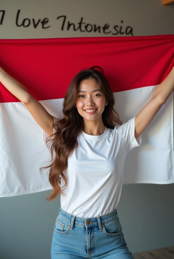 Beautiful asian women with brown hair, white tsirt and long pants blue jeans,holding a white and red flag, and wall in the back with text "I Love INDONESIA " and showing it to the viewer