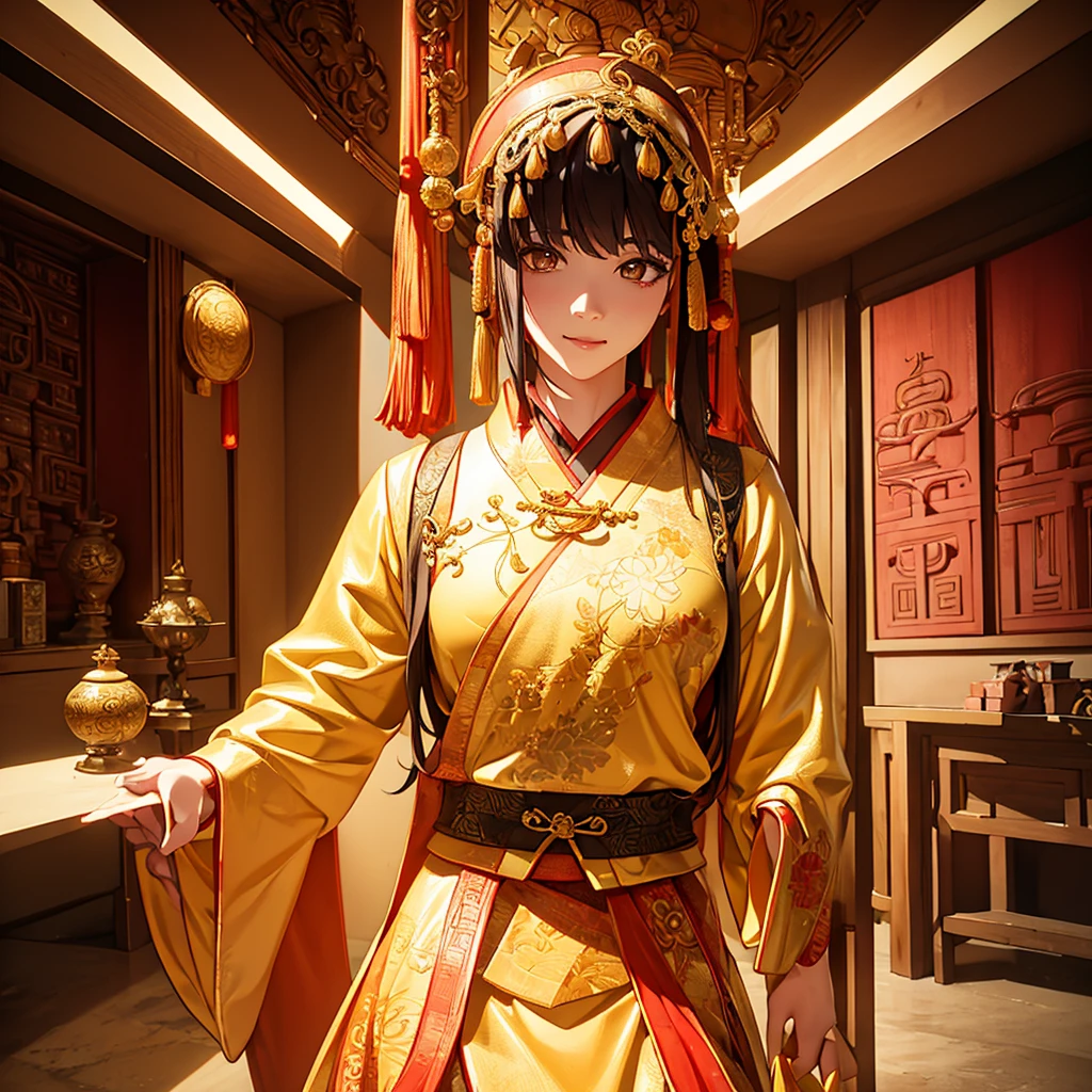 a beautiful young asian girl, 1, in a traditional maid costume, standing in an ancient Chinese setting with Wuxia style architecture, looking directly at the camera with a neutral expression, (best quality,4k,8k,highres,masterpiece:1.2),ultra-detailed,(realistic,photorealistic,photo-realistic:1.37),detailed face and eyes,beautiful skin,long hair,intricate costume details,ancient chinese architecture,wuxia style,warm lighting,vibrant colors
