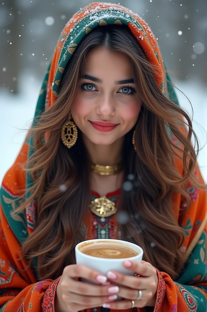 Waving hands through hair,Showing snowfall in black ground,Prompt, realistic influencer Pakistani lovely cute young attractive teenage girl,wedding dresses,, Put your hands on your face,big smile,waving hands through hair,1, fair face ,mole on cheek, little mouth,cute, beautiful , blue eyes, colorful dupatta on the Head,snowing,dimpal , necklace, earrine,,an Instagram model,long  brown_hair, colorful hair, winter, stylish attitude, dancing styles, coffee on the Hands,