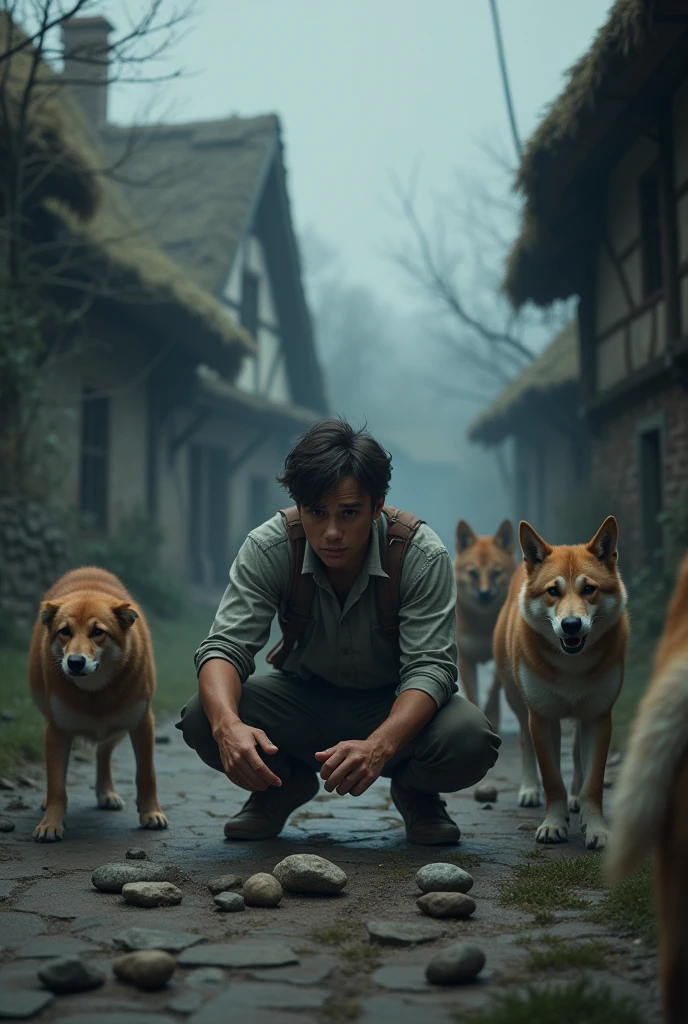 Image from behind of a young man squatting down and picking up stones to throw at a group of dogs that are about to attack him in the middle of a quiet village with dim lighting.