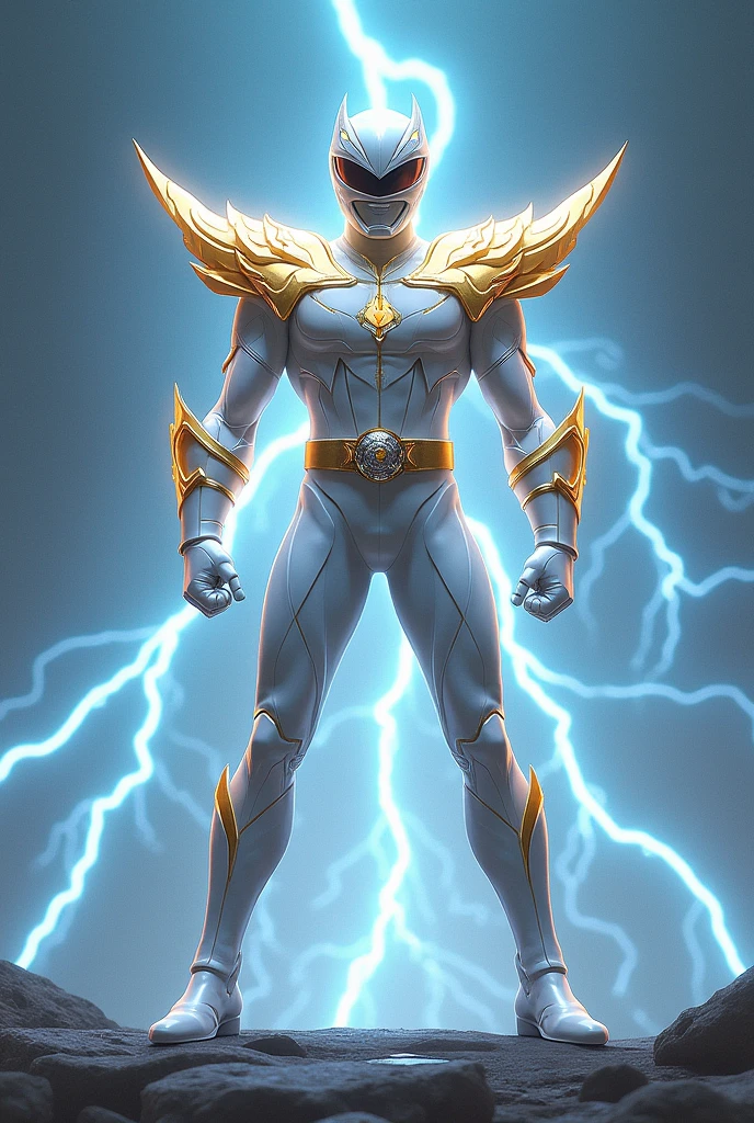 create a unique an epic and elegant white power ranger with gold accents in his armor and wings on his shoulders. And blue lightning bolts in the background.