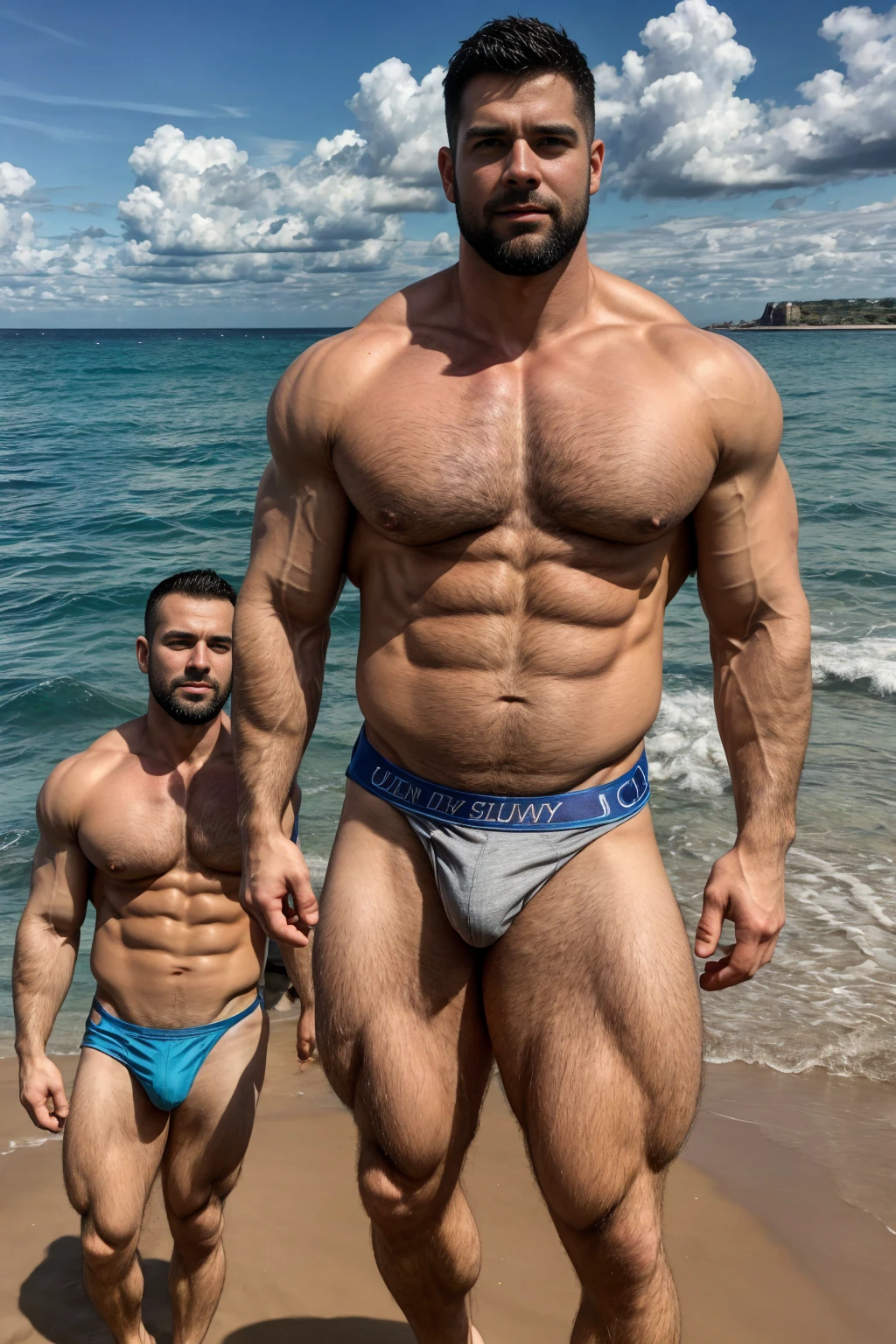 Ultra wide angle,(Medium shot of two handsome guys),twin,Male love,plump breasts,swelling of chest muscles,Full chest muscles,swelling of chest muscles,Sweat,Skin is moisturized and shiny,(face slimming),small head,short hair,beard,Sexy and charming expression,gloomy eyes,blue eyes,Naughty and cool,Handsome and cool guy, (Topless), ultra thin pantyhose,Big bag highlights,(Full chest muscles),(breast muscle swelling),Chest and belly hair,Topless,Skin smooth and hydrated,fiery, Super Sexy, Behind him is the sea, standing on a sandy beach by the ocean,There are flying fish and dolphins in the water,of a Topless, member, Very sexy,Blue sky and white clouds, member, looks hot, Strong smoldering, Attractive and good looking, 30 years old, Attractive man, sexy masculine, 8k reality, Ultra-detailed photos, Bulger j8,Perfect hand details,Perfect facial details