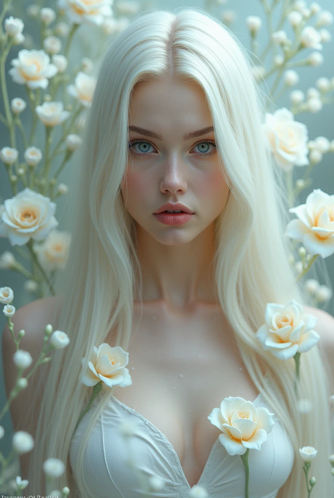 Create a picture of a woman , blue eyes ,Long straight hair , Platinum blonde hair , There are white flowers all around like magic. , strong , gentle 