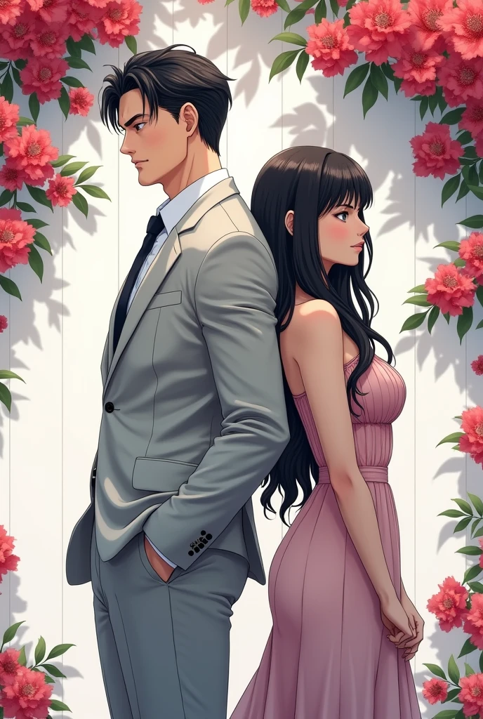 Cool, masculine anime guy with his hands in his pockets. He is wearing white a light grey suit. He has a big chest and strong arms. He is tall and masculine. A gorgeous girl with dark hair. They stand back to back. Behind them is a wall of bougainvillea. The wall is white
