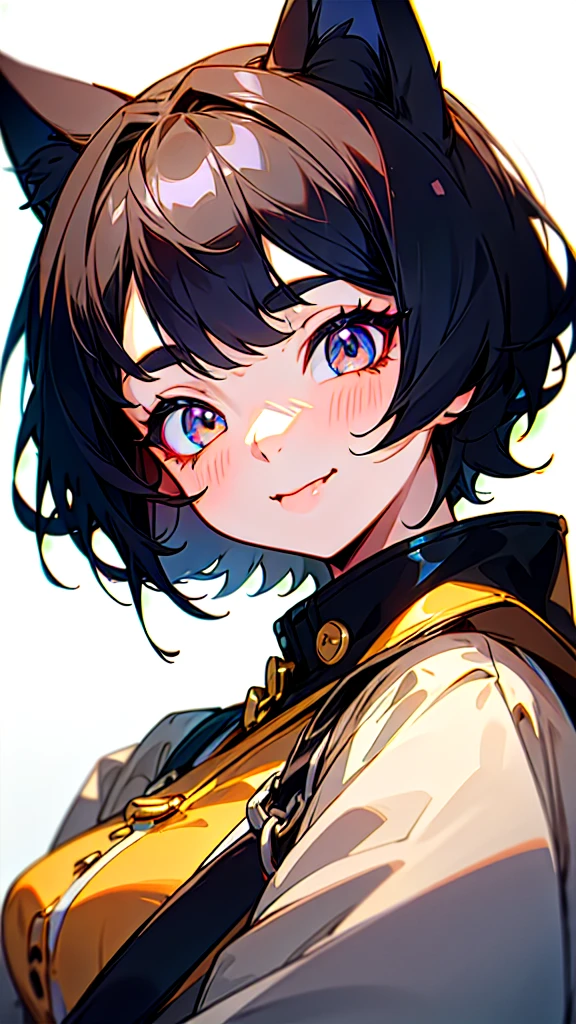1 Girl、Shiny black hair、Long eyelashes、Round eyes、fake animal ears、smile、tooth、short hair、Cat ear、tongue、Upper body close-up