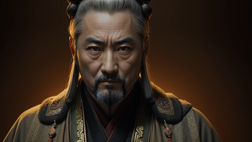 A portrait of Emperor Wu of Han Dynasty, the seventh emperor of the Han Dynasty, who ruled from 141 to 87 BC. serious expression on his face. The lighting is soft and warm, casting a gentle glow on his face and highlighting the intricate details of his robe. The background is a muted, earthy tone, adding to the overall sense of gravitas and timelessness of the portrait.