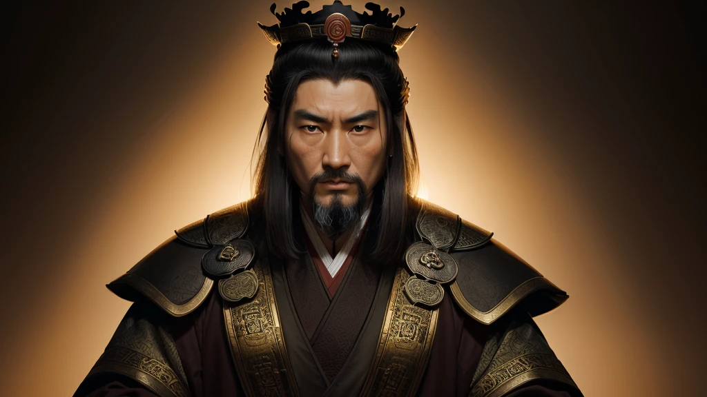 A portrait of Emperor Wu of Han Dynasty, the seventh emperor of the Han Dynasty, who ruled from 141 to 87 BC. serious expression on his face. The lighting is soft and warm, casting a gentle glow on his face and highlighting the intricate details of his robe. The background is a muted, earthy tone, adding to the overall sense of gravitas and timelessness of the portrait.