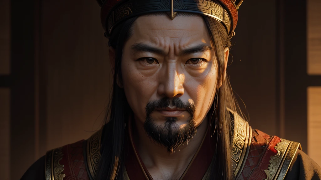 A portrait of Emperor Wu of Han Dynasty, the seventh emperor of the Han Dynasty, who ruled from 141 to 87 BC. serious expression on his face. The lighting is soft and warm, casting a gentle glow on his face and highlighting the intricate details of his robe. The background is a muted, earthy tone, adding to the overall sense of gravitas and timelessness of the portrait.